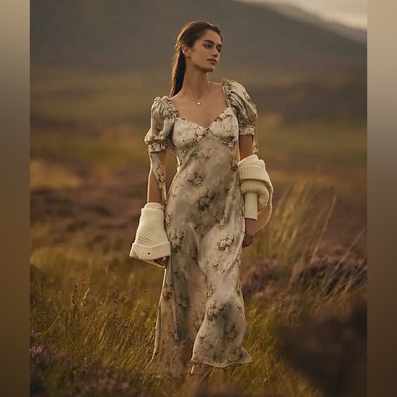 Selkie Dresses & Skirts - Selkie Poet Puff-Sleeve Sweetheart Silk Charmeuse Slip Midi Dress